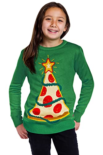Tipsy Elves Pizza Tree Ugly Christmas Sweater for Kids - Tacky Green Food Themed Holiday Pullover Size: L