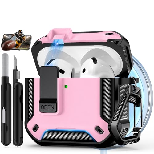 Image of for AirPods 4 Case with Lock & Phone Stand(Pink) | Automatic Snap Switch Lock,Carbon Fiber Texture Design Cover with Cleaner Kit,Compatible with MagSafe