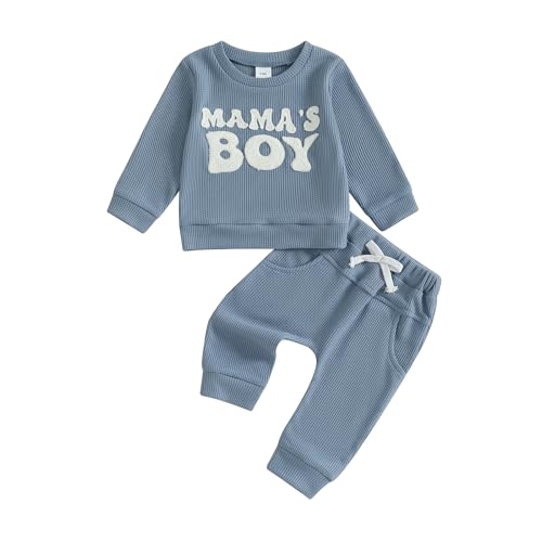 Infant Fall Winter Outfit Waffle Baby Boy Clothes Letter Long Sleeve Sweatshirt and Stretch Pants 6 12 18 24M Set