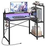 Computer Desk with LED Light and Power Outlet, Small Gaming Desk with Monitor Stand, Reversible Game Table with 2 Side Hooks, Home Office Desk for Living Room, Bedroom, Black DN06UDBB