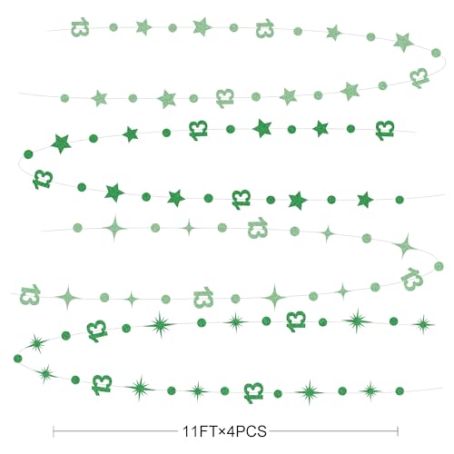 Image of Green 13th Birthday Decorations Number 13 Circle Dot Star Garland Glitter Streamer Banner Backdrop for Girls Boys Official Teenager Cheers to 13 Years Old Birthday 13th Anniversary Party Supplies