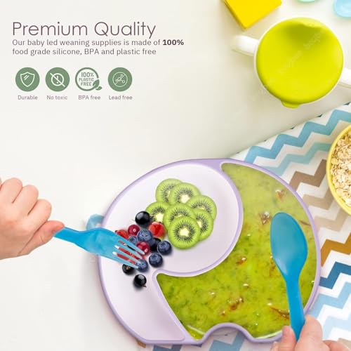 Image of BAYBEE Elephant Silicone Divided Baby Plate with 2 Training Spoons | Baby Feeding Set for Toddlers & Kids | Suction Plate and Spoon Combo for Boys & Girls | Tableware Set for Boys & Girls (Purple)