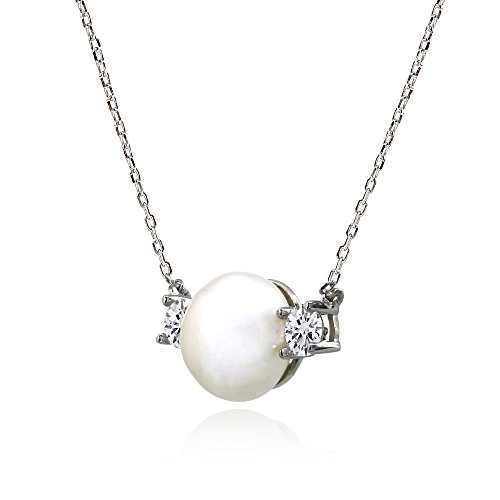 Sterling Silver Simulated White Pearl and Cubic Zirconia 3-Stone Necklace2