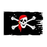 Red Scarf Skull Bones Jolly Roger Flag 3X4.8Fts Crossbone Pirate Banner Creepy Ragged