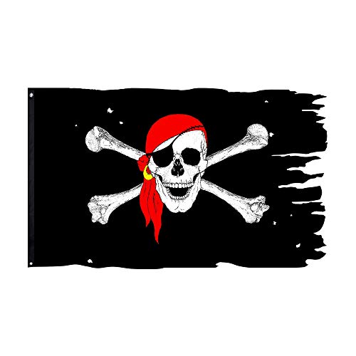 Red Scarf Skull Bones Jolly Roger Flag 3X4.8Fts Crossbone Pirate Banner Creepy Ragged #TOP6