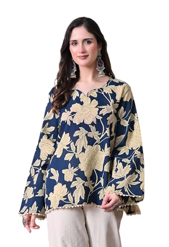 Image of MEERA FAB Women's Summer Floral Printed Cotton Short Kurta Bell Sleeves | Floral Printed Kurta | Short Kurti for Women
