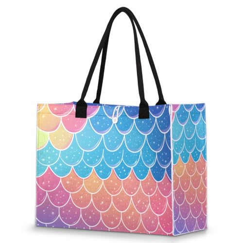 Mermaid Scale Colored Tote Bag for Women Large Beach Bag Reusable Tote Bags for Work Travel Beach Shopping