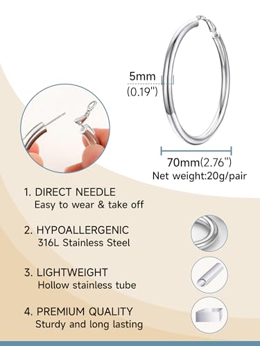 Image of Stainless Steel Chunky Hoop Earrings For Women, Minimalist and Chic, Black /Gold Plated, Round Hoops Earrings Hypoallergenic, Size: 30mm /40mm /60mm /80mm, Come with Box