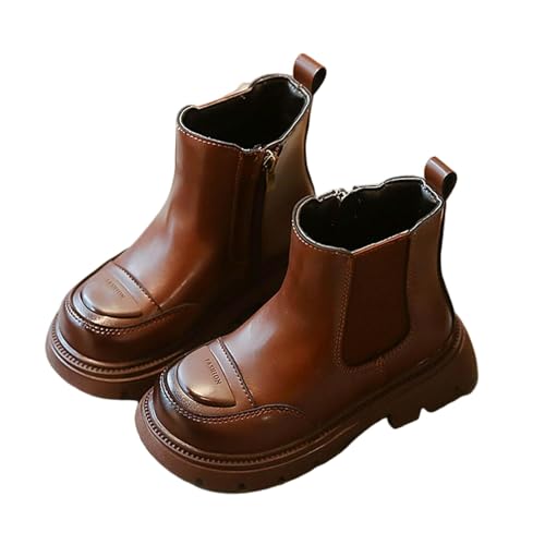 Botines de invierno de piel sintética para niños, elegantes, impermeables, antideslizantes, para caminar, cómodos zapatos escolares con cremallera, para vacaciones, al aire libre, Café A5, 13 UK Child