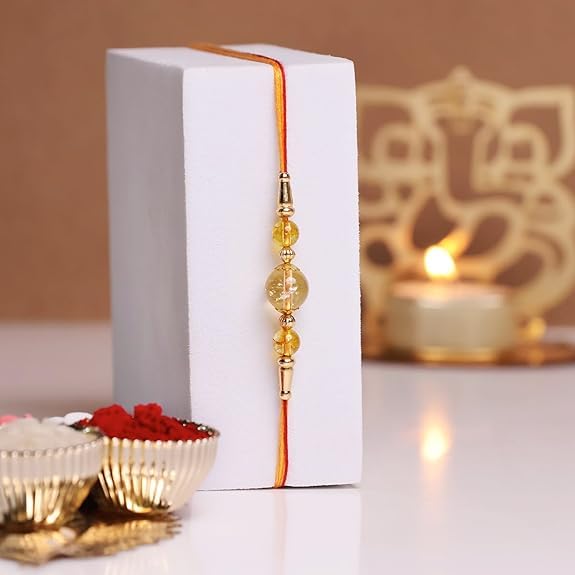 Image of Shubhanjali Crystal Beads Rakhi for Brother | Handmade Healing Crystal Stone Designer Rakhi for Bhaiya | Raksha Bandhan Gift Set with Roli Chawal, Kumkum, Greeting Card & Potli