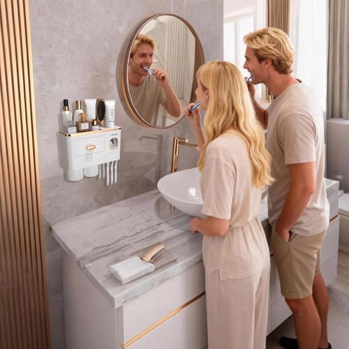 iHave Toothbrush Holders Wall Mounted with Toothpaste Dispenser & 2 Cups - Premium White and Gold Design for Bathroom Decor, All-in-One Bathroom Organizers & Storage for Toothbrushes and Accessories - Thumbnail 7