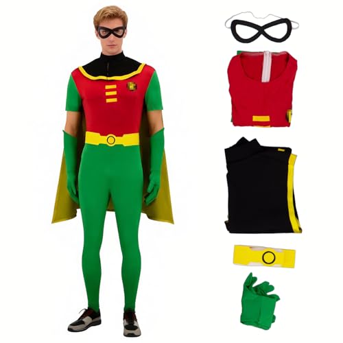 Pmnoyal Robin Cartoon Superhero Team leader Costume Men Halloween Jumpsuit Women Cartoon Cosplay Top Pants for Adult M