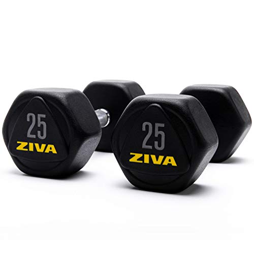 Ziva Performance Rpu Hex Dumbbells – Solid Steel Core, Premium Urethane Rubber Encasing, Corrosion Resistant - Commercial Grade For Rigorous Exercise, Strength Training - Pair Of Two Dumbbell, 25 Lb. #TOP2