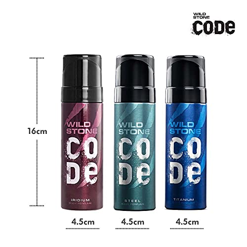 Image of WILD STONE CODE Iridium, Steel & Titanium No Gas Body Perfume Spray Combo For Men, Pack Of 3 (120 Ml Each)