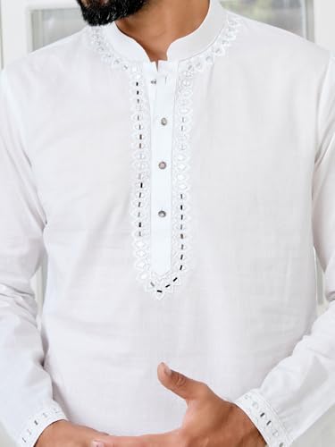 Image of See Designs Men's Full Sleeve Mandarin Collar Ethnic Motifs Embroidered Sequinned Mandarin Collar Straight Long Kurta with Pyjama - Festive Collection