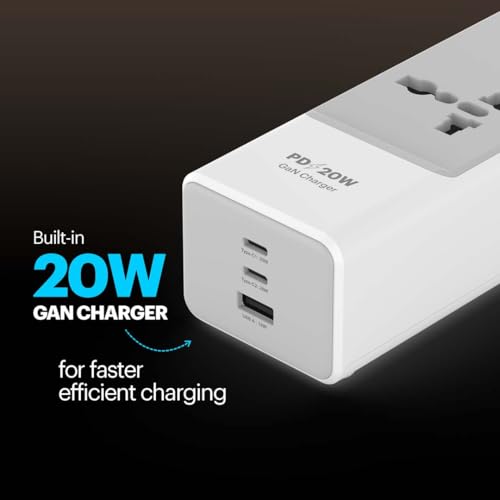 Image of Stuffcool Chargestrip 20W Extension Board with Surge Protector, 3 Universal AC Sockets and 20W Type-C PD, 18W USB-A Fast Charging, Charges iPhones & Pixels up to 50% in 30 Mins, Made in India