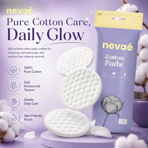 Image of Nevae Multipurpose Cotton Pads, 100% Cotton, Embossed Double Sided, for Skin Cleaning, Eye & Face Makeup Removal, Nail Polish Removal, Soft Round Facial Cotton Pads (50 Pcs)