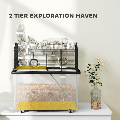 PawHut Large Hamster Cage with 12" Deep Tray, 2 Tier Gerbil Cage with Tube System, Water Bottle, Ramp, Feeding Bowl, 23" x 17" x 22", Black - Image 4