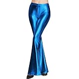 Womens Shinny Metallic Sequins High Waist Stretchy Bell Bottom Flared Pants, Wet Look Pants Club Wear (Blue, L)