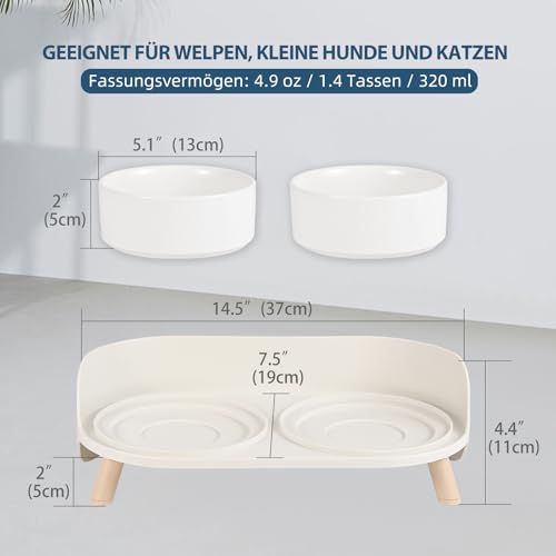 Katzennapf Keramik erhöht mit Ständer, Doppelnapf rutschfest mit Spritzschutz, Futter- und Wasserschalen für Katze, Welpen und kleine Hunde, komfortable Fresshöhe, leicht zu reinigen, 2 x 320 ml Weiß