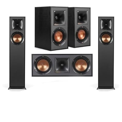 Klipsch Reference R-610F 5.0 Home Theater Pack, 2X R-610F Floorstanding Speakers + Pair, R-41M Bookshelf Home Speakers, R-52C Center Channel Home Speaker, Black