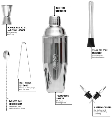 Cocktail Shaker Set, 8 Pieces Cocktail Set, Cocktail Shaker 750ml Large Stainless Steel with Jigger, Pourers, Tong, Muddler and Bar Spoon for Christmas Gifts for Him by Interplay Concepts