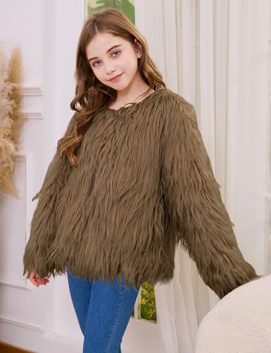 Yimoon Girls Faux Fur Coat Open Front Furry Coats Long Sleeve Parka Shaggy Jacket Winter Warm Fluffy Outerwear 4-12 Years(Brown,150) — view 4