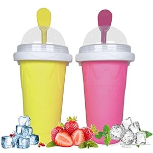 REGNBUE 2 Pcs Slushie Maker Cup, Magic Quick Frozen Smoothies Cup Double Layer Squeeze Cup Homemade Milk Shake Ice Cream Maker Cooling Cup DIY for Family (Yellow+Red)