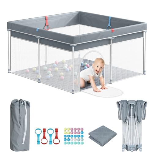 Yvsevnr Parque Infantil Bebe 127 x 127cm Parque de Juegos Bebes con Malla Transpirable, Corralito Bebe Plegable con Alfombra Suelo, 30 Bolas, 4 Agarraderas, Bolsa Portátil