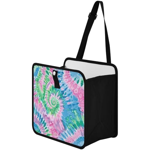 Image of Car Trash Can Organizer Bin with Adjustable Strap for Back Front Seat Console Waterproof Leakproof Collapsible Portable 11 Inch Tie Dye Blue Green Pink
