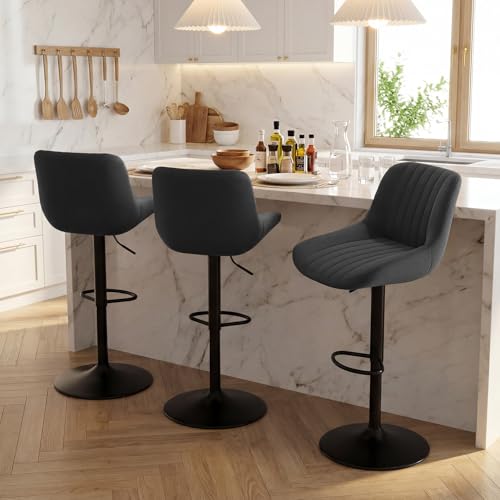 Image of Nalupatio Bar Stools Set of 3, Adjustable Modern Swivel Bar Stools with Backs, Counter Height Performance Fabric Island Chairs for Home Kitchen, Black