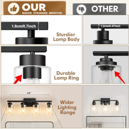 IZORRO Bathroom Light Fixtures, Modern Vanity Lights, Bathroom Lighting Fixtures Over Mirror with Clear Glass Shade, Wall Sconce for Living Room Cabinet Bedroom (Matte Black, 4-Light) - Image 4