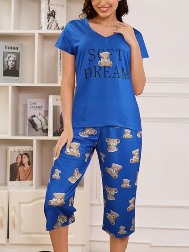 Image of YIJIU Women Soft Comfy Pajamas Cute Cat Short Sleeve Capri Pants PJS Set