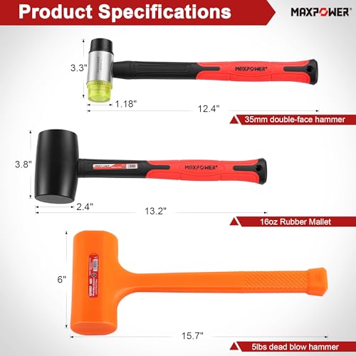Image of MAXPOWER 3-Piece Hammer Set, 5lbs Dead Blow Hammer, 16oz Rubber Mallet, 35mm Double-Faced Soft Mallet,Non-Marring Striking Tools for Automotive, Woodworking & Assembly