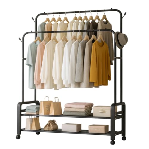 Garment Rack with Wheels Double Rod Clothing Rack Free-Standing Closet Organizer with Storage Shelves Heavy-Duty Clothes Hanging Rack with Lockable Wheels for Bedroom Entryway and Office (Black)