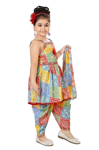 Image of Colourful Ethnic Printed Dress, Dhoti Pant & Dupatta Set for Girls