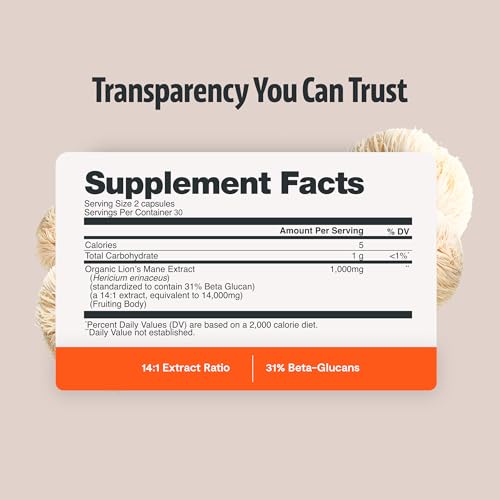 Image of FreshCap Mushrooms Premium Organic Lions Mane Capsules - 14:1 Fruiting Body Extract with 31% Beta-Glucans - 3rd-Party Tested Nootropic for Clarity, Focus & Cognitive Support (120 Capsules)
