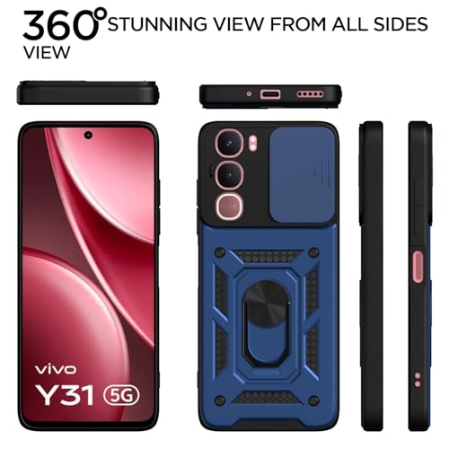 Image of Pikkme Back Cover for Vivo Y31 5G | 360 Protection Case | Sliding Camera Shield Cover & Ring Holder Stand D10 Tough Armor Bumper Case (Blue)