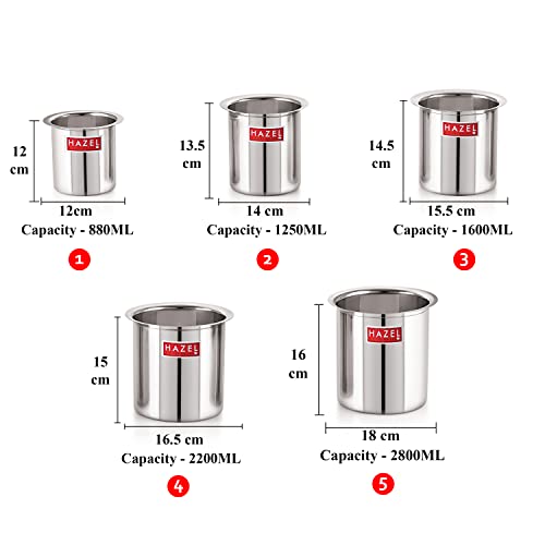Image of HAZEL Steel Milk Pot Set of 5 | 0.8 litres to 2.8 litres Stainless Steel Milk Boiler Container | Milk Boiling Vessel Gunj for Kitchen, 5 Pc Set Silver