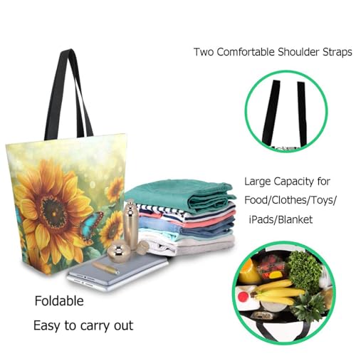 Extra Large Shoulder Gym Tote Bag, Sunflower Art Blue Butterfly Canvas Handle Bag for Yoga Weekender Picnic Beach Travel Kitchen Reusable Market Grocery Shopping3