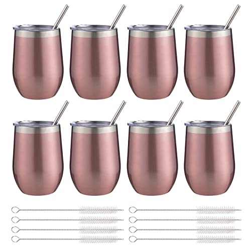 Image of 12 oz Insulated Wine Tumbler with Lid and Straw,Stainless Steel Stemless Wine Tumbler Glasses Double Wall Vacuum Wine Cups Tumbler Bulk for Champaign,Cocktail,Office(Rose Gold,8)
