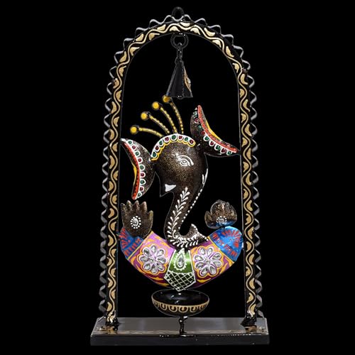 Image of KRAFTSKALA Ganesh Tea Light Candle Diya with Ringing Bell Decorative Metal Statue Showpiece for Living Room Home Decor, Tabletop, Diwali Gift