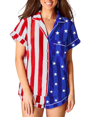 Image of NUFIWI 4th of July Pajamas Set for Women America Flag Short Sleeve Shirt Shorts 2 Piece Lounge Set Independence Outfits