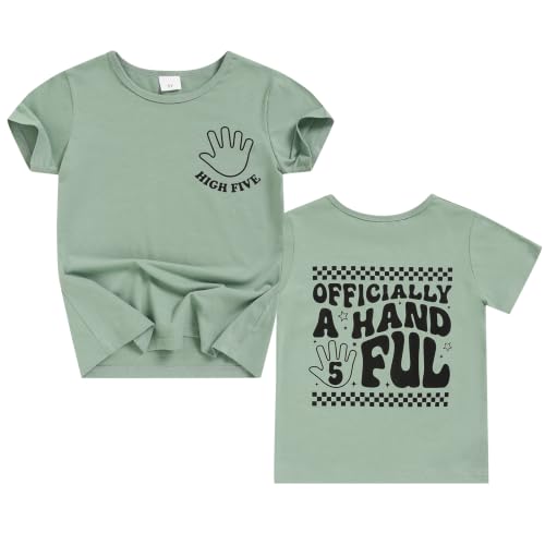 5th Birthday Shirt Toddler Boy 5 Year Old Birthday T-Shirt Short Sleeve 2-Sided Print Tee Tops Outfit (Sage Green 5T)