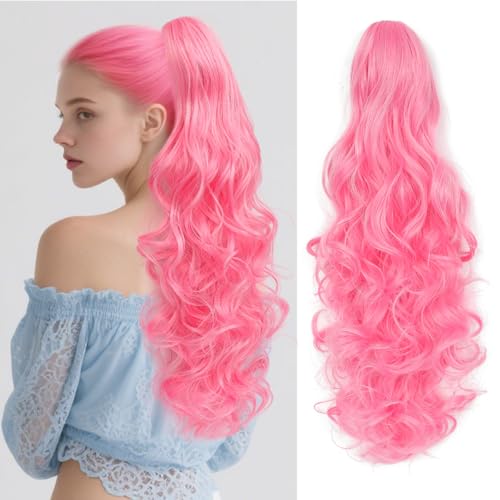 Image of 24 inch Ponytail Extension, Long Curly Wavy Claw Clip and Natural-Looking Synthetic Hairpiece, Voluminous Pony TailHair Extensions for Women Daily Wear. (Deep Pink, 24Inch)