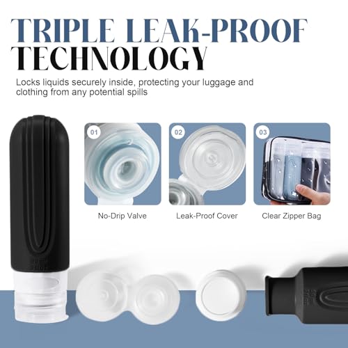 Travel Bottles for Toiletries, 3oz TSA Approved Travel Size Toiletries, Silicone Leak-Proof Refillable Containers, Squeezable Liquid Essentials Bottles W/Clear Bag（GRAY）4