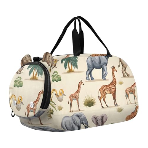 Duffle Bag Kids Gym Bag with Shoes Compartment & Wet Separation Overnight Travel Duffel Bag Lion Elephant Cheetah Antelope for Girl Boy