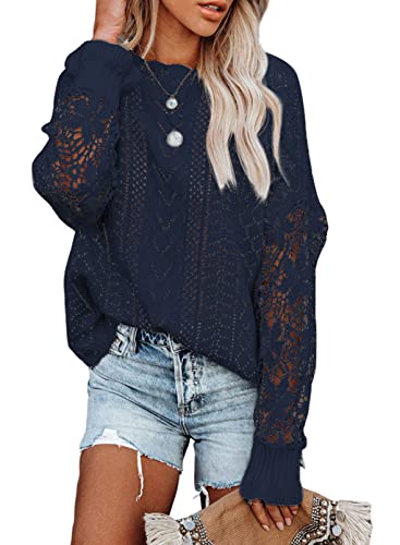 Image of Dokotoo Womens Crewneck Crochet Lace Long Sleeve Hollow Out Cable Knit Sweaters Pullover Tops