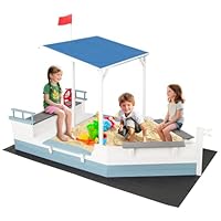 COSTWAY Wooden Kids Sandpit, Pirate Ship Sand Boat with Storage Bench Seat, Canopy, Rudder and Bottom Liner, Outdoor Sandbox for Backyard, Lawn, Beach