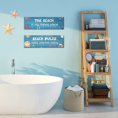Wooden Beach Sign Ocean Theme Wooden Wall Decor The Beach is My Happy Place Beach Rules Sign Wall Art for Home Swimming Pool River Beach Farmhouse Garden Outdoor Funny Wall Decor - Image 2